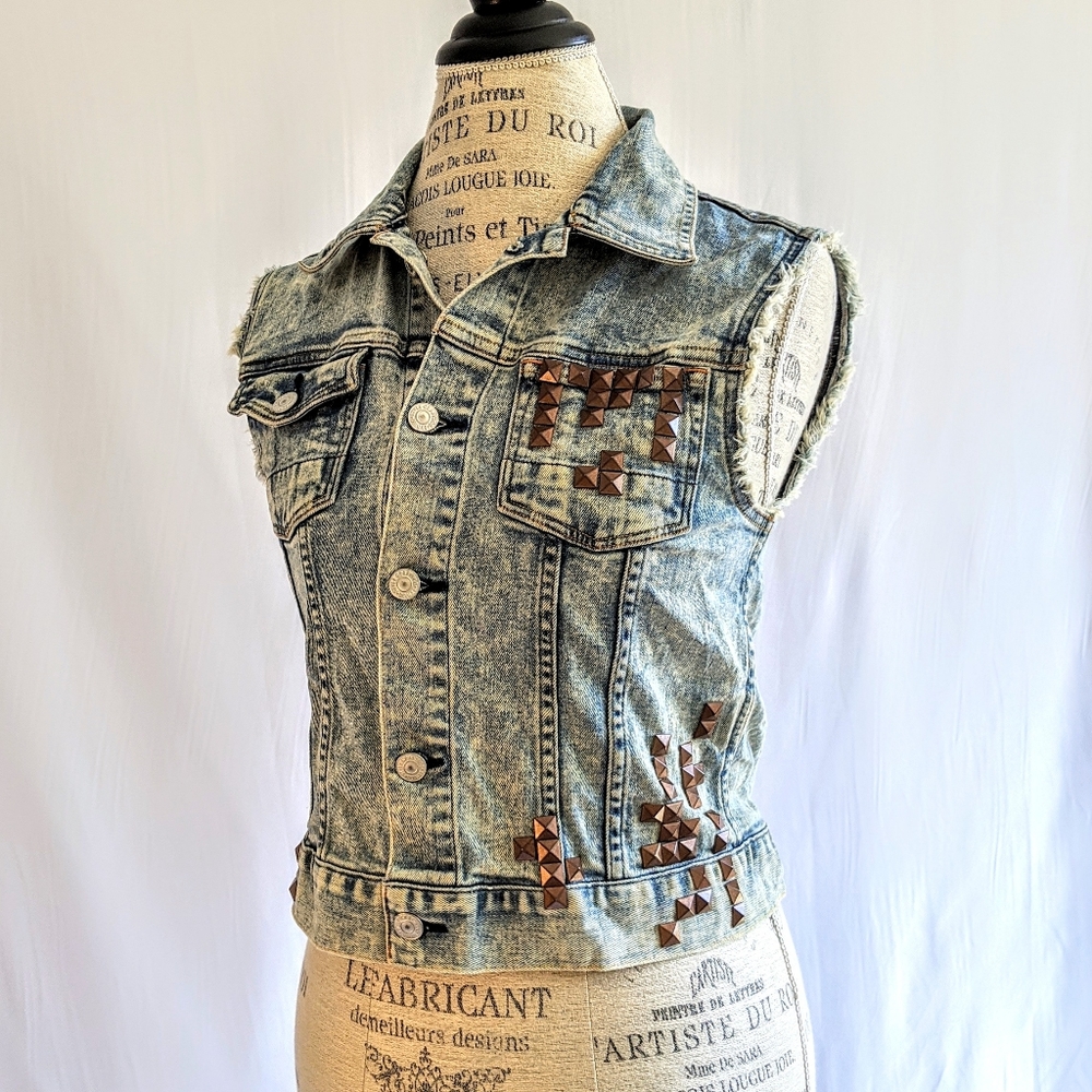 Evisu Studded Acid Wash Denim Vest